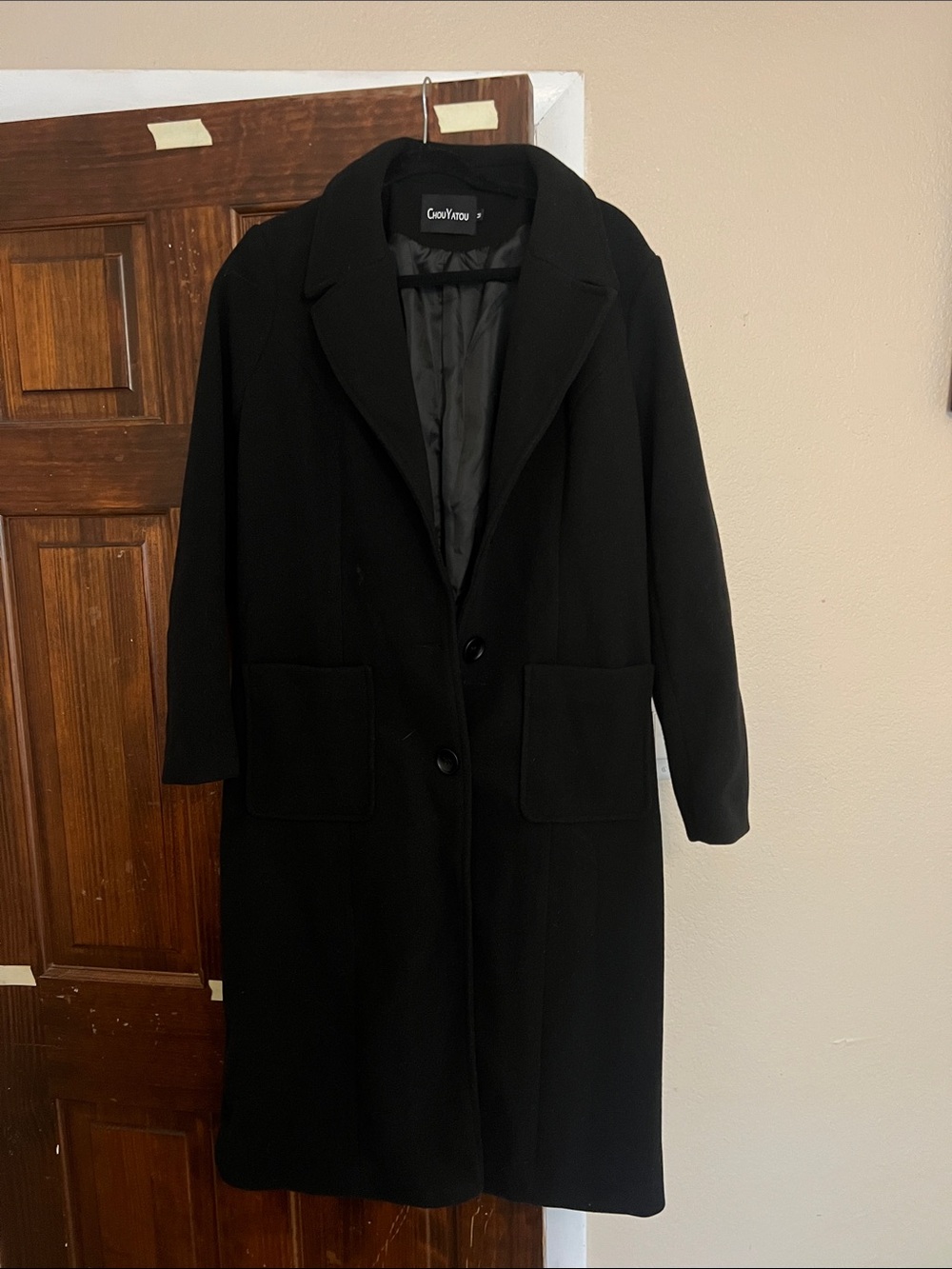 Black Wool-Blend Long Coat for Women